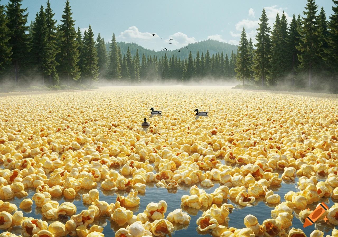 A lake covered in popcorn with three ducks swimming, surrounded by a misty pine forest and mountains.
