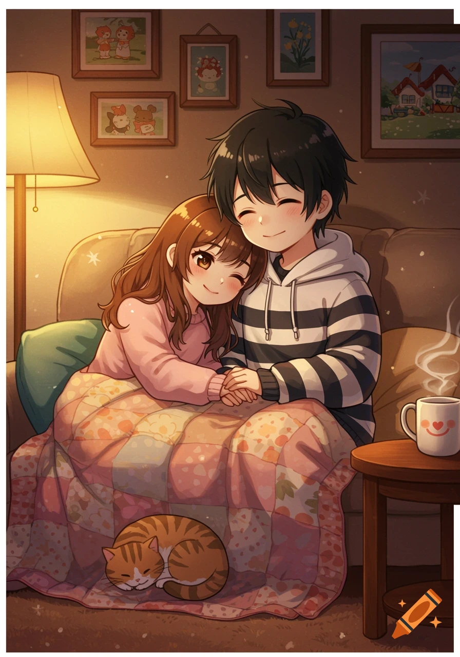 Anime couple snuggling on a couch under a blanket with a sleeping cat in a cozy living room.
