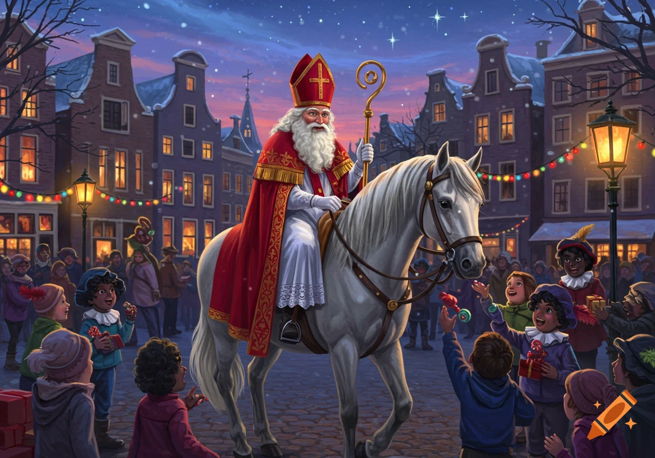 Sinterklaas on a white horse rides through a festive, snowy town square at night, greeted by excited children.