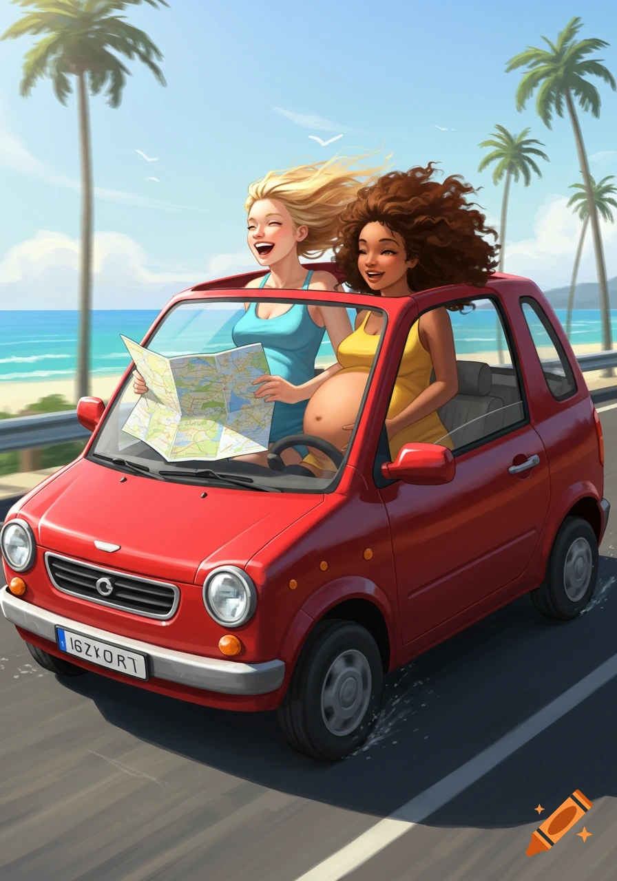 A colorful illustration of two happy women, one visibly pregnant, driving a small red convertible down a road next to a beach with palm trees.