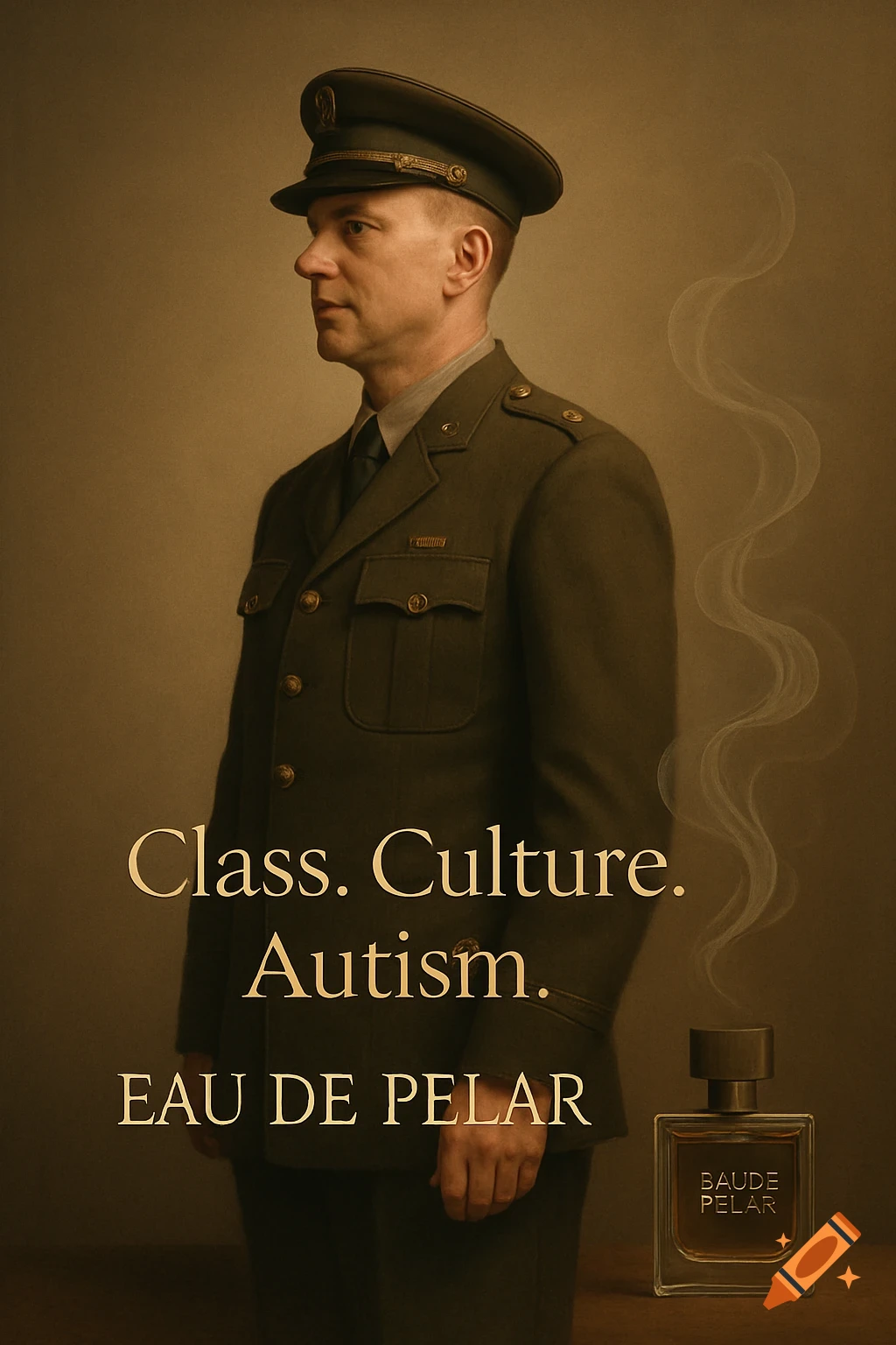A formal portrait of a man in a military uniform standing next to a bottle of cologne with text overlay.