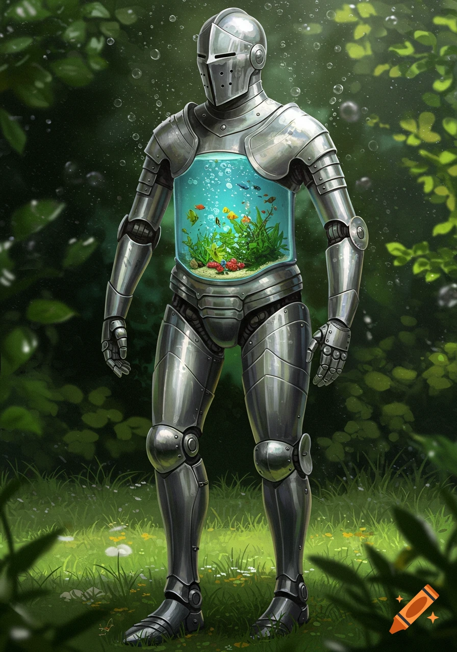 A full suit of medieval-style armor stands in a green forest, with a clear aquarium full of fish and aquatic plants visible in its chest.