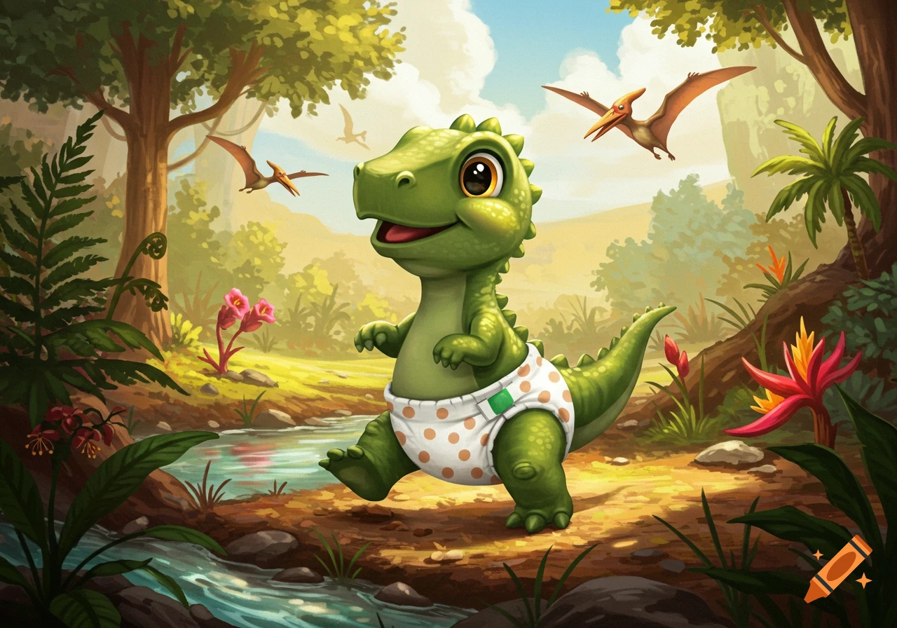 A cute green baby dinosaur wearing a white diaper with orange polka dots walks in a lush jungle setting with a stream, trees, flowers, and pterodactyls flying overhead.