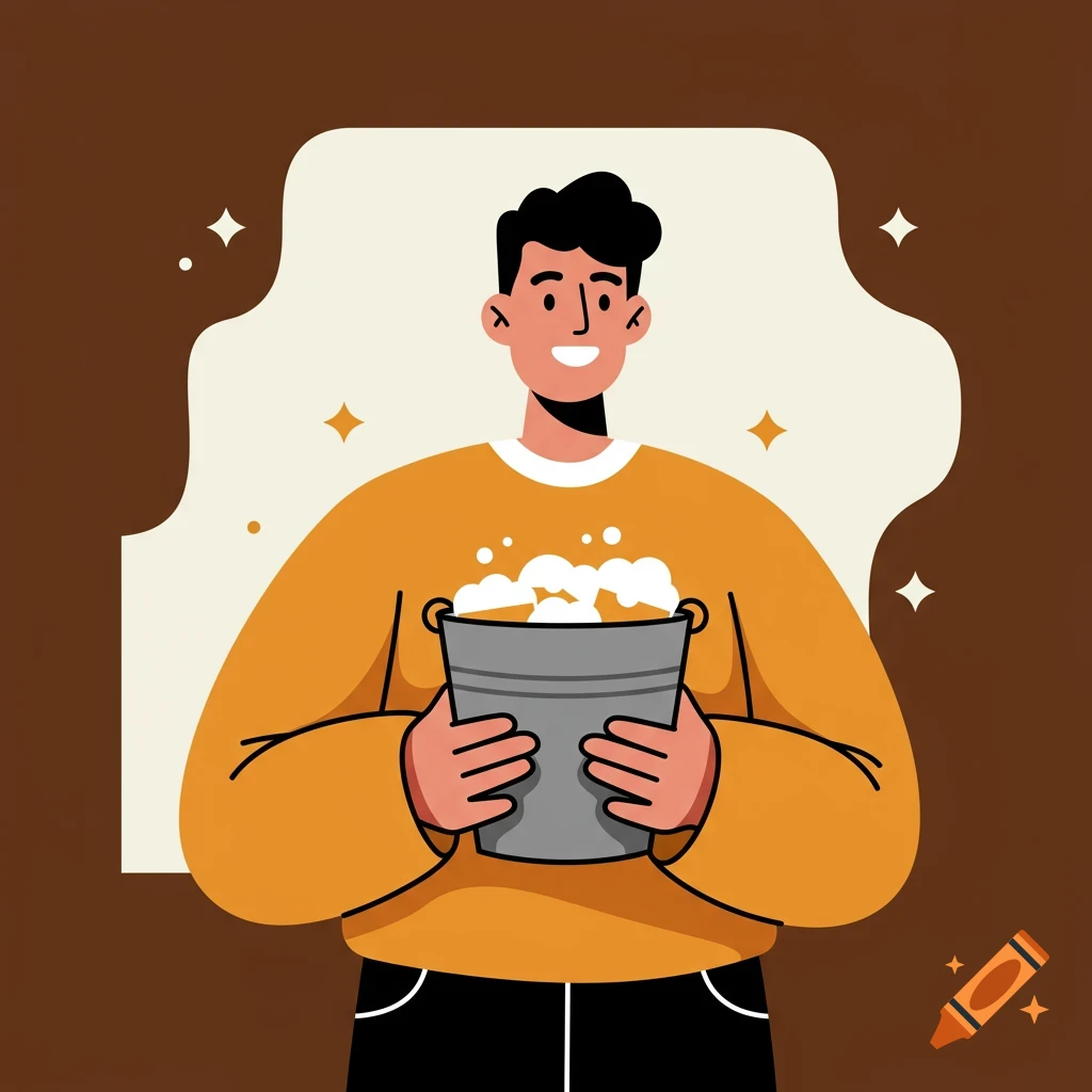 A smiling man in an orange sweater holds a gray bucket with white foam in a flat illustration style.