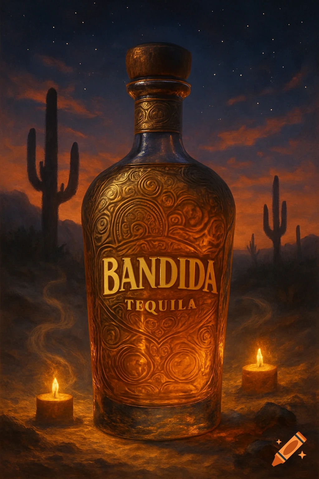 Ornate gold Bandida tequila bottle glowing in a desert landscape at night with saguaro cacti, two lit candles, and a starry sky.