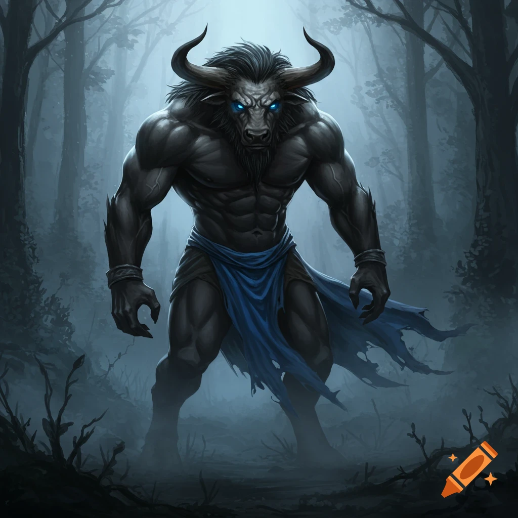 A muscular charcoal-colored Minotaur with glowing blue eyes and a blue loincloth stands in a dark, misty forest.