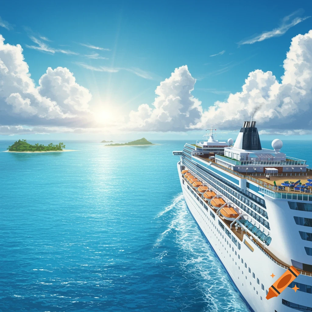 A large white cruise ship sails across a bright blue ocean under a sunny sky, with small green islands in the distance.