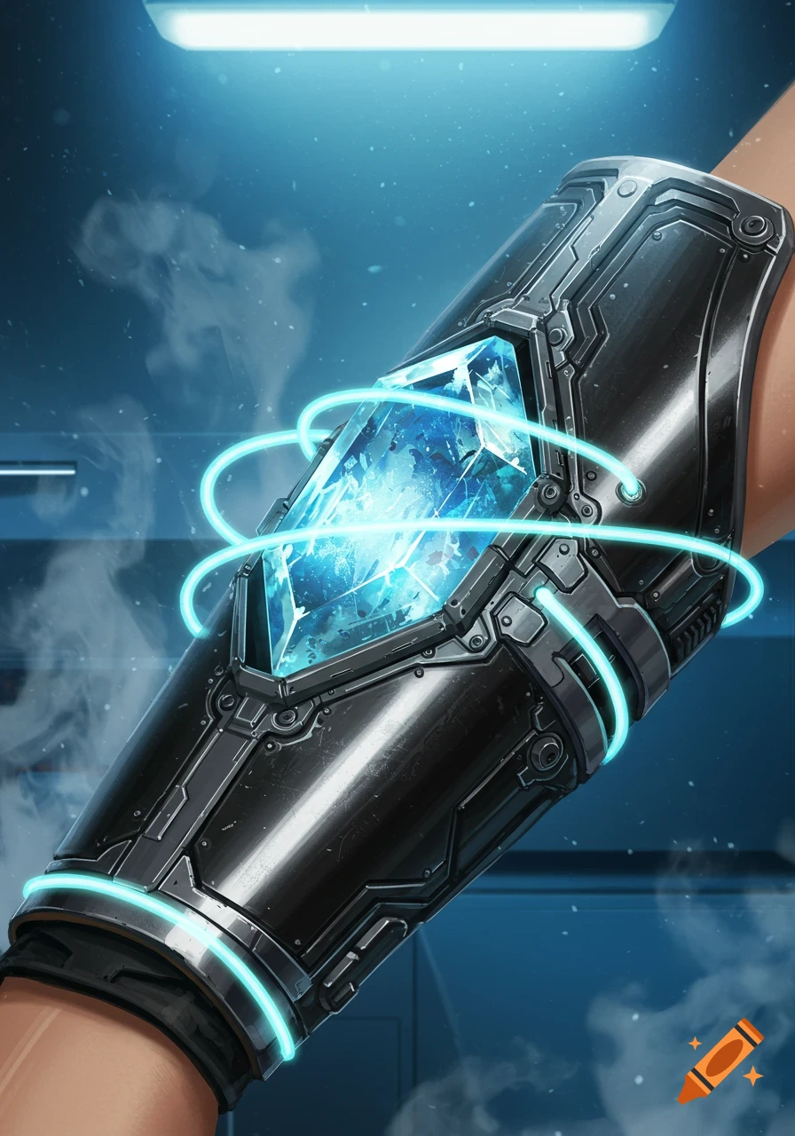 A sci-fi vambrace with a large, glowing blue crystal embedded in it, worn on an arm, with faint smoke.