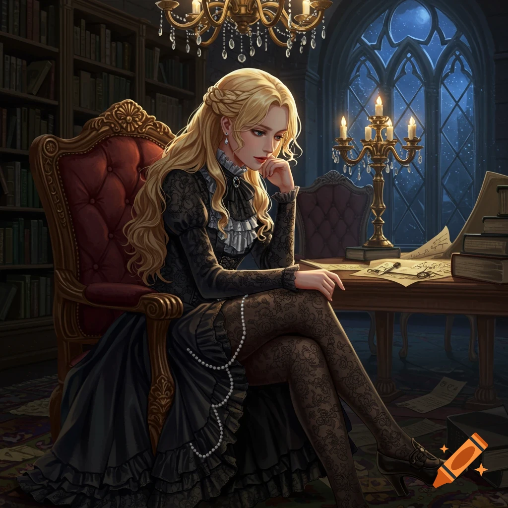 A young blonde woman in a black gothic dress sits thoughtfully in a red armchair within an ornate, dark library at night, illustrated in an anime style.