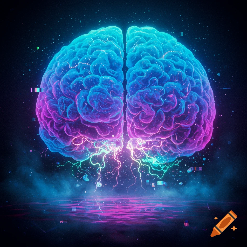 A vibrant, neon blue and pink glowing human brain with electrical energy emanating from its base, set against a dark, starry background.
