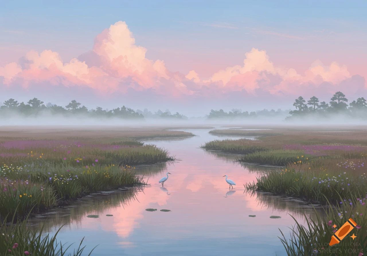 A tranquil marsh landscape with a river, two white egrets, and pink clouds reflecting in the water under a soft blue sky.