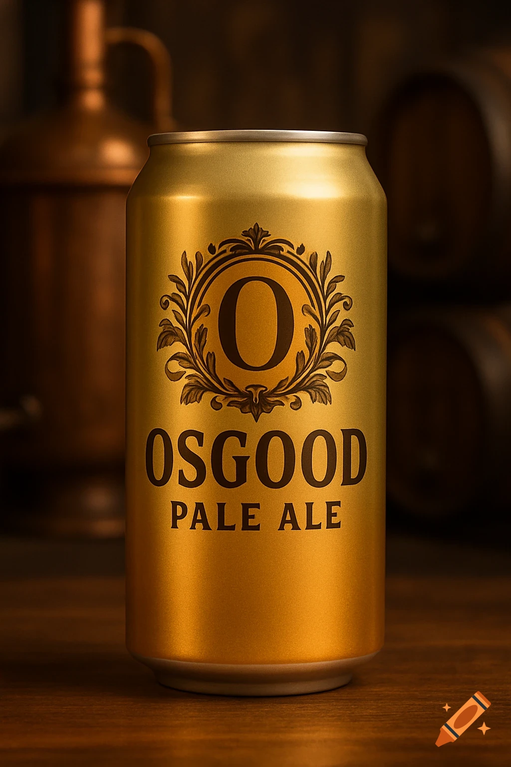 A photorealistic image of a gold beer can labeled 'Osgood Pale Ale' on a wooden table, with brewing equipment in the blurred background.