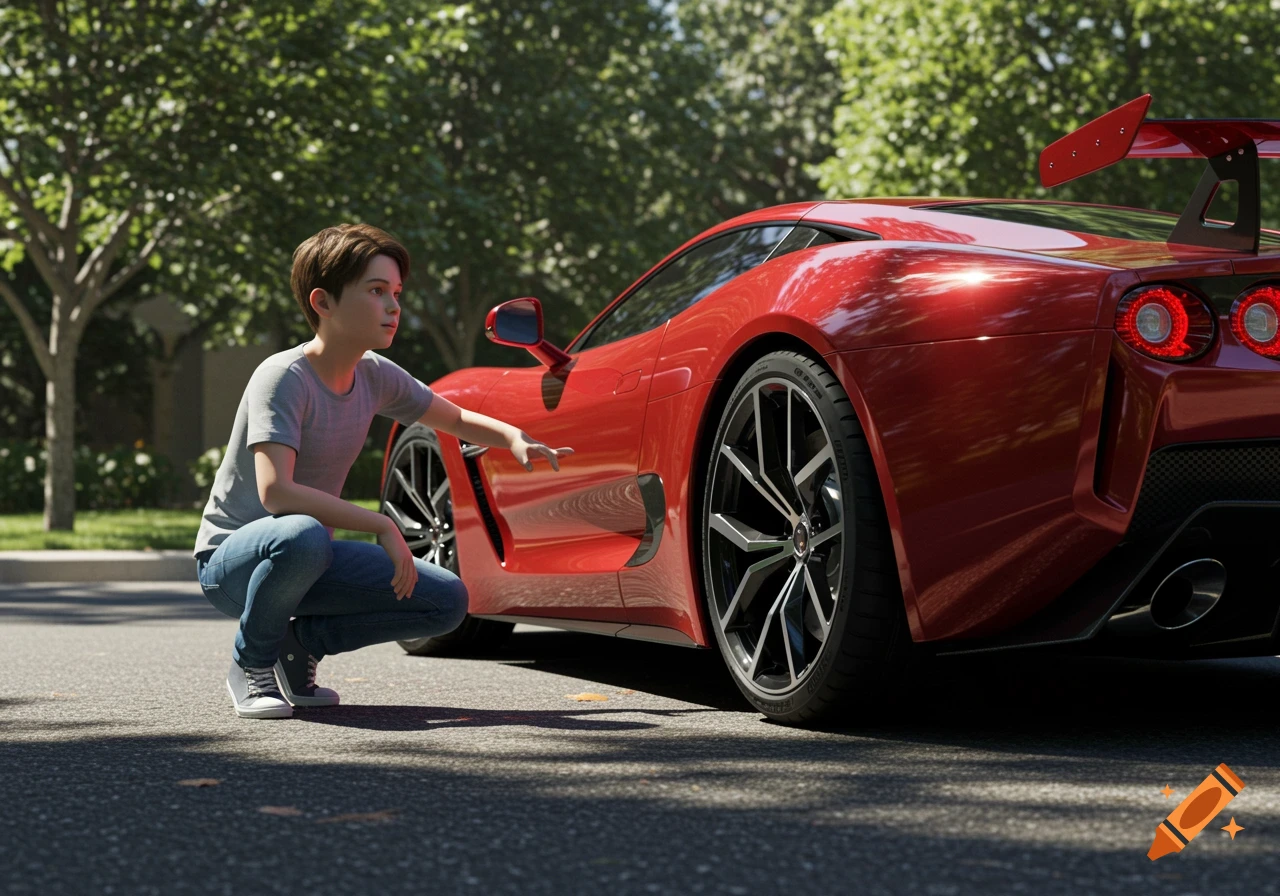 A young boy squats next to a red sports car on a sunny road, with trees in the background. Photorealistic.
