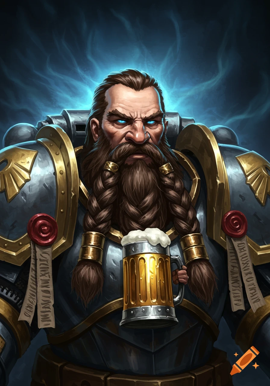 A grim-faced dwarven paladin in space marine-style armor with a braided beard and glowing blue eyes holds a beer mug.
