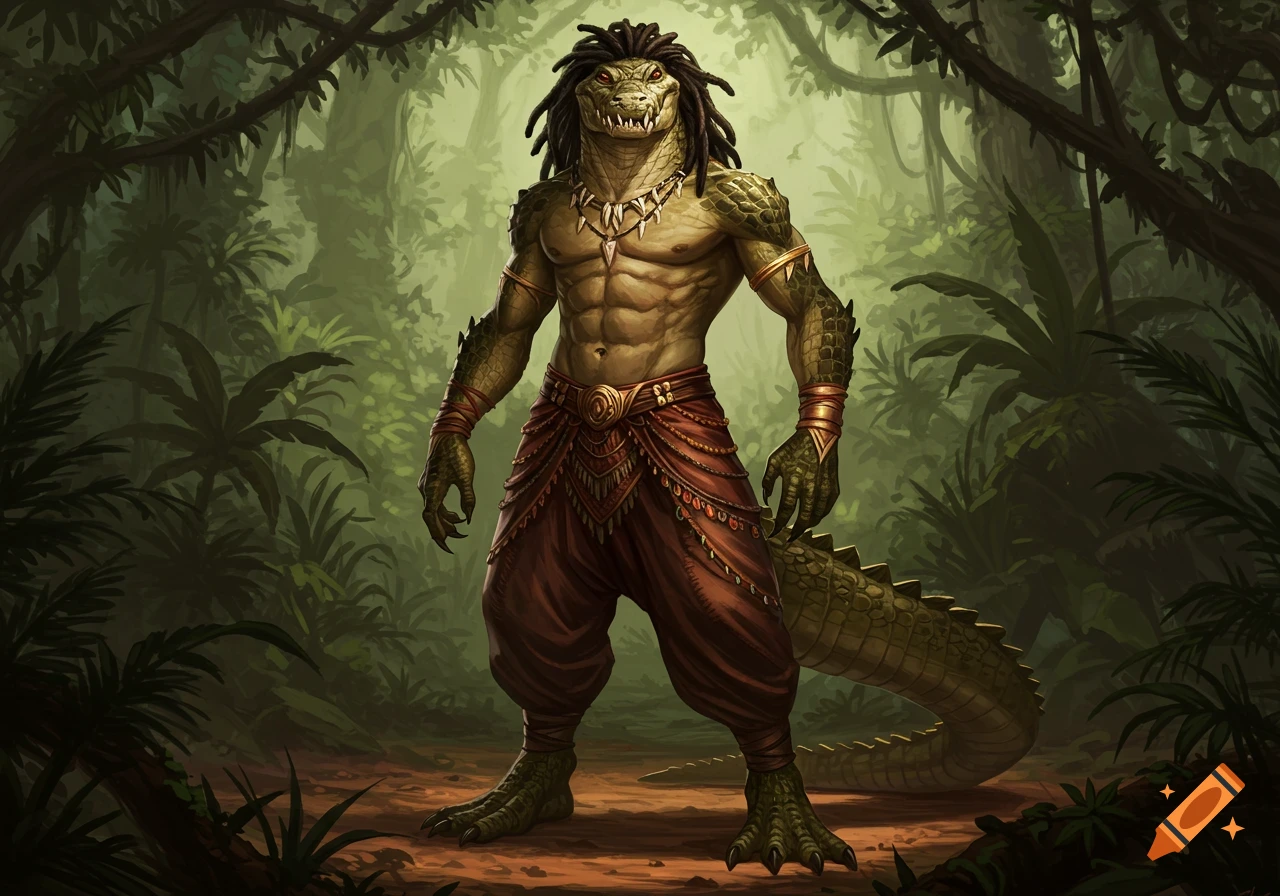 A muscular, anthropomorphic crocodile creature with dreadlocks and scales, wearing ornate baggy pants, stands in a lush jungle.