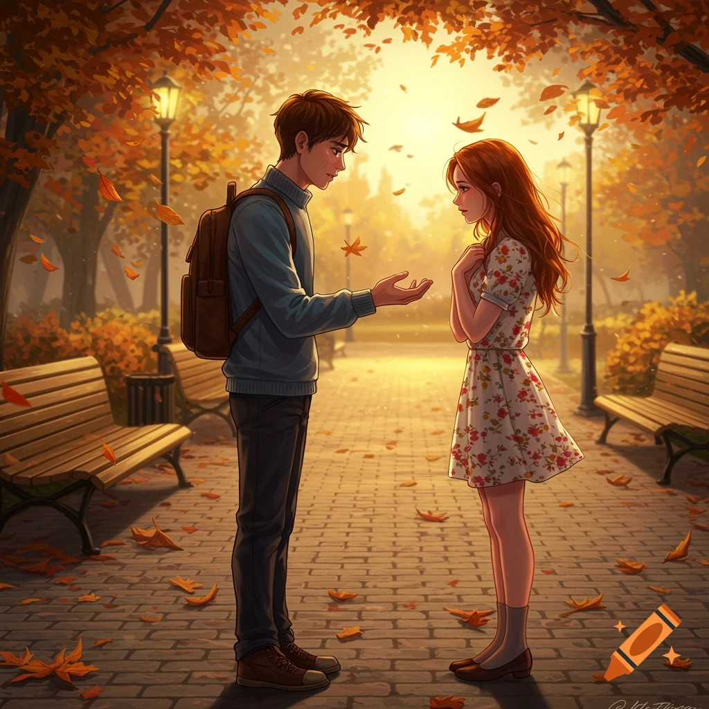 A young man and woman stand in an autumn park with falling leaves, looking at each other in an anime style.