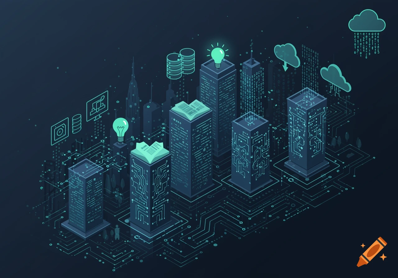 Isometric digital cityscape with circuit-line buildings, database stacks, glowing lightbulbs, and binary code clouds, representing technology and innovation.
