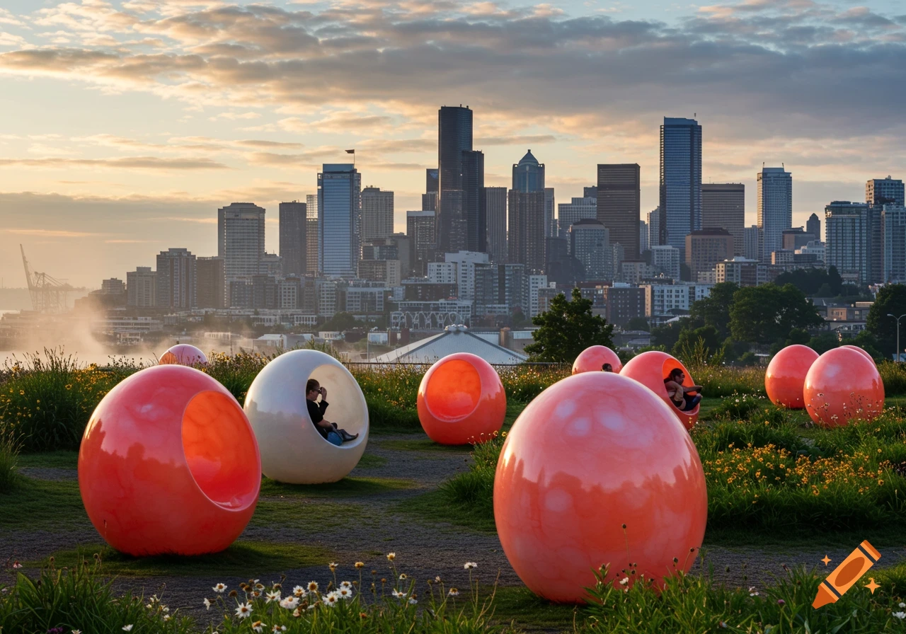 Red and white spherical art installations in a park overlooking a city skyline at sunset.