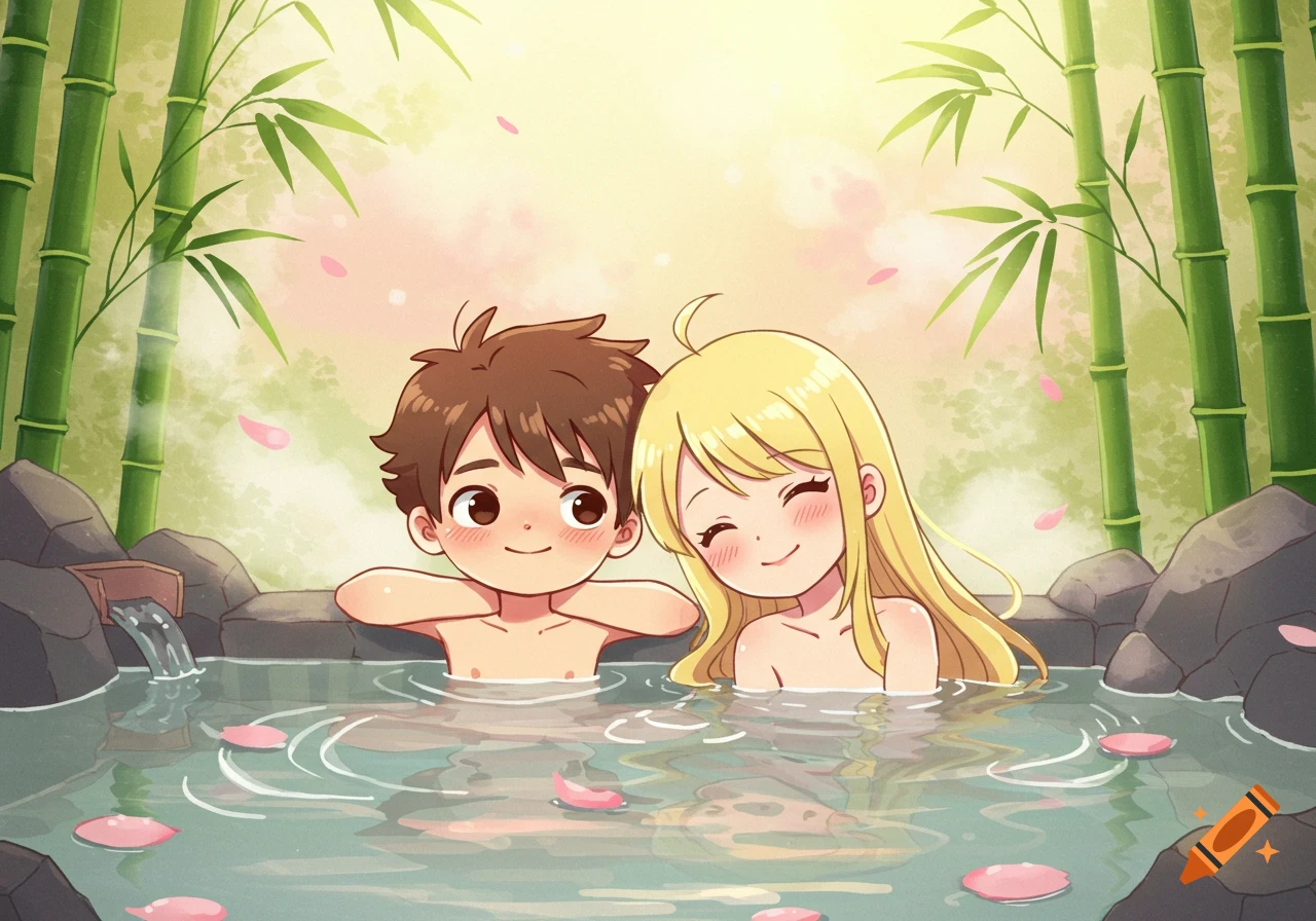 A cartoon boy and girl smile while relaxing in an outdoor onsen with bamboo and pink petals.