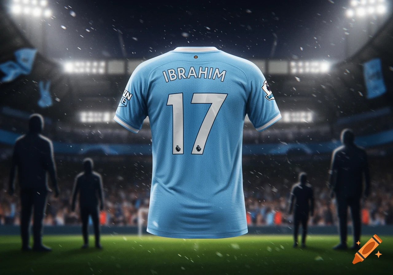 A light blue football jersey with 'IBRAHIM' and '17' on the back, floating above a green pitch in a stadium with falling snow, photorealistic style.