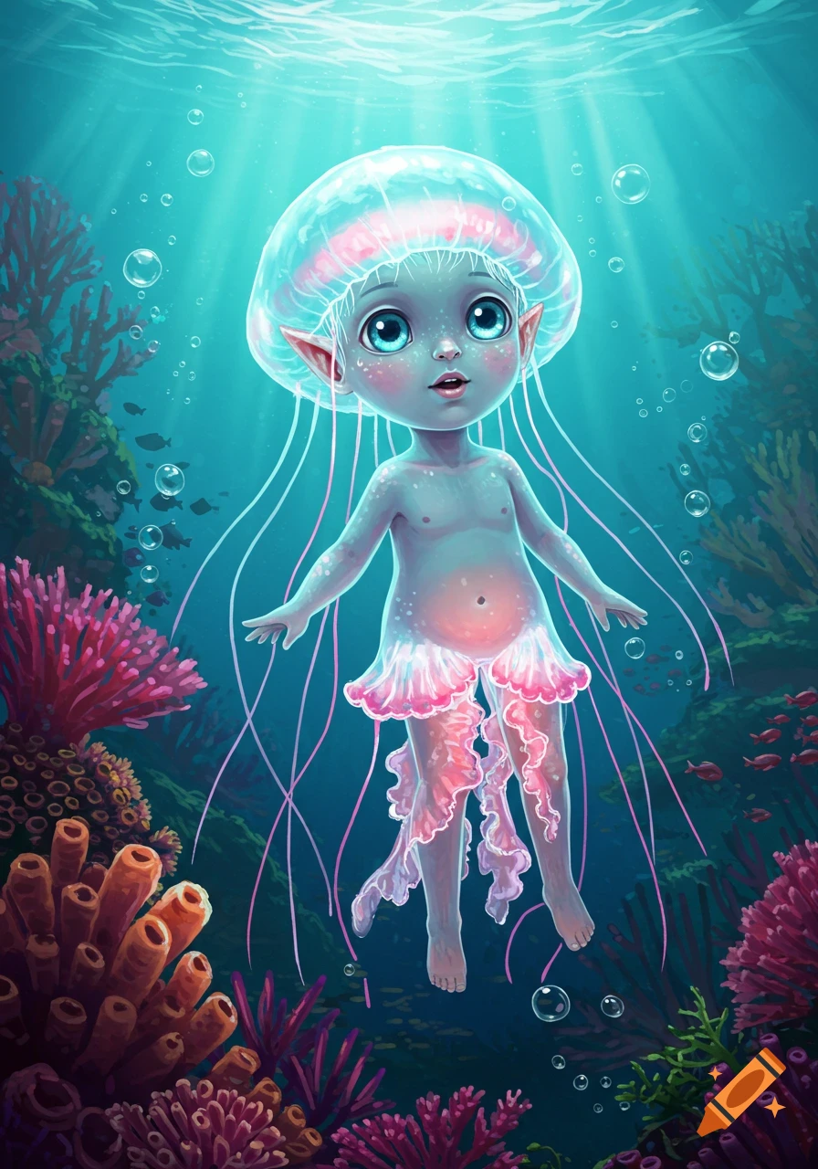 A cute, whimsical jellyfish humanoid child with large blue eyes floats underwater among vibrant coral, sea anemones, and bubbles.