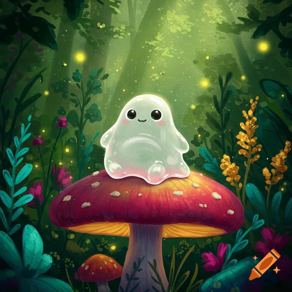 A cute, smiling white blob creature with pink cheeks sits on a large red mushroom in a whimsical forest with glowing fireflies.
