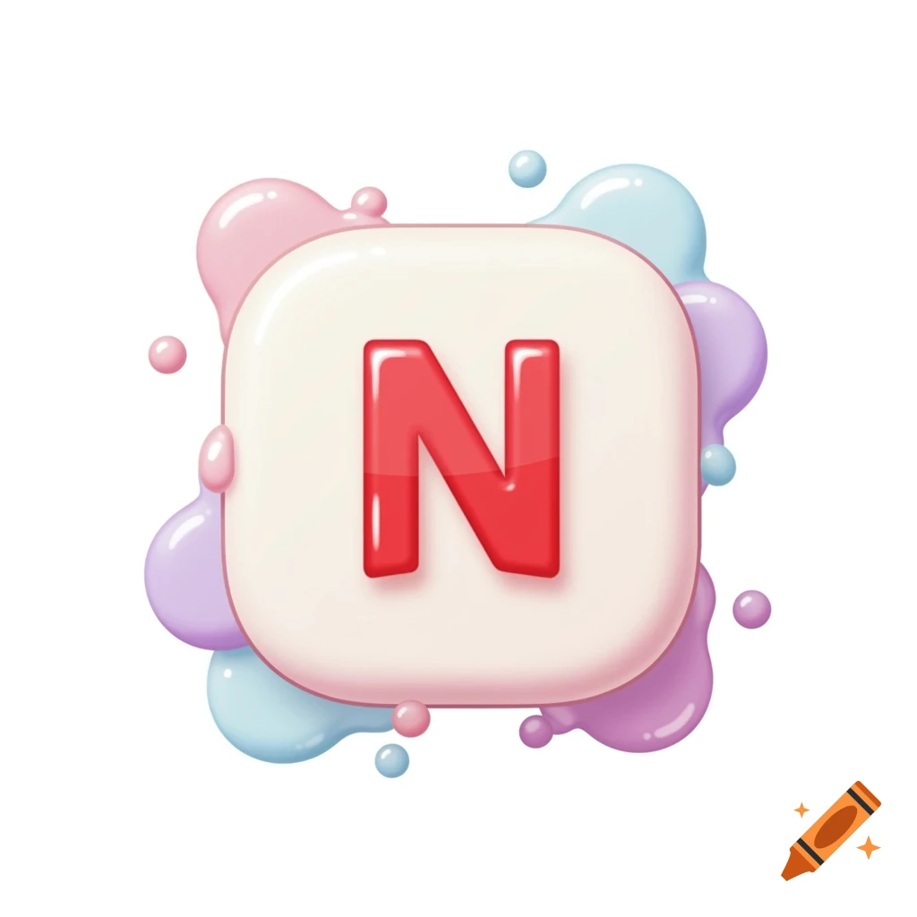 A glossy red letter 'N' inside a rounded white square, surrounded by colorful liquid blobs.