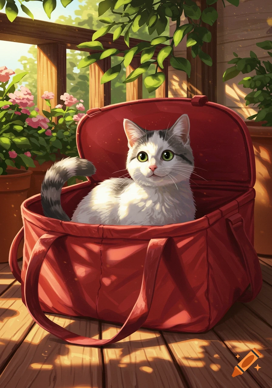 An illustrative white and grey cat with green eyes sits inside a red carrier on a sunny wooden deck with potted plants.