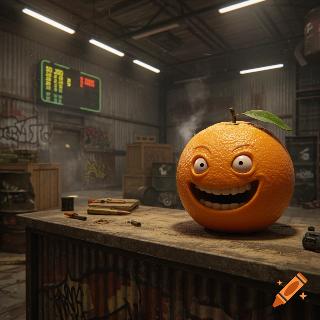 A smiling, anthropomorphic orange with big eyes sits on a grunge counter in a dimly lit, industrial warehouse.