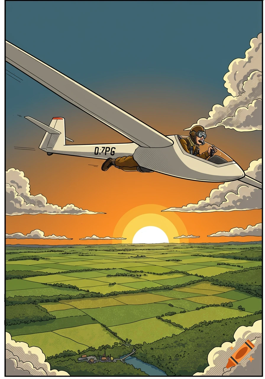 A comic illustration of a pilot flying a white glider over green fields at sunset with clouds.