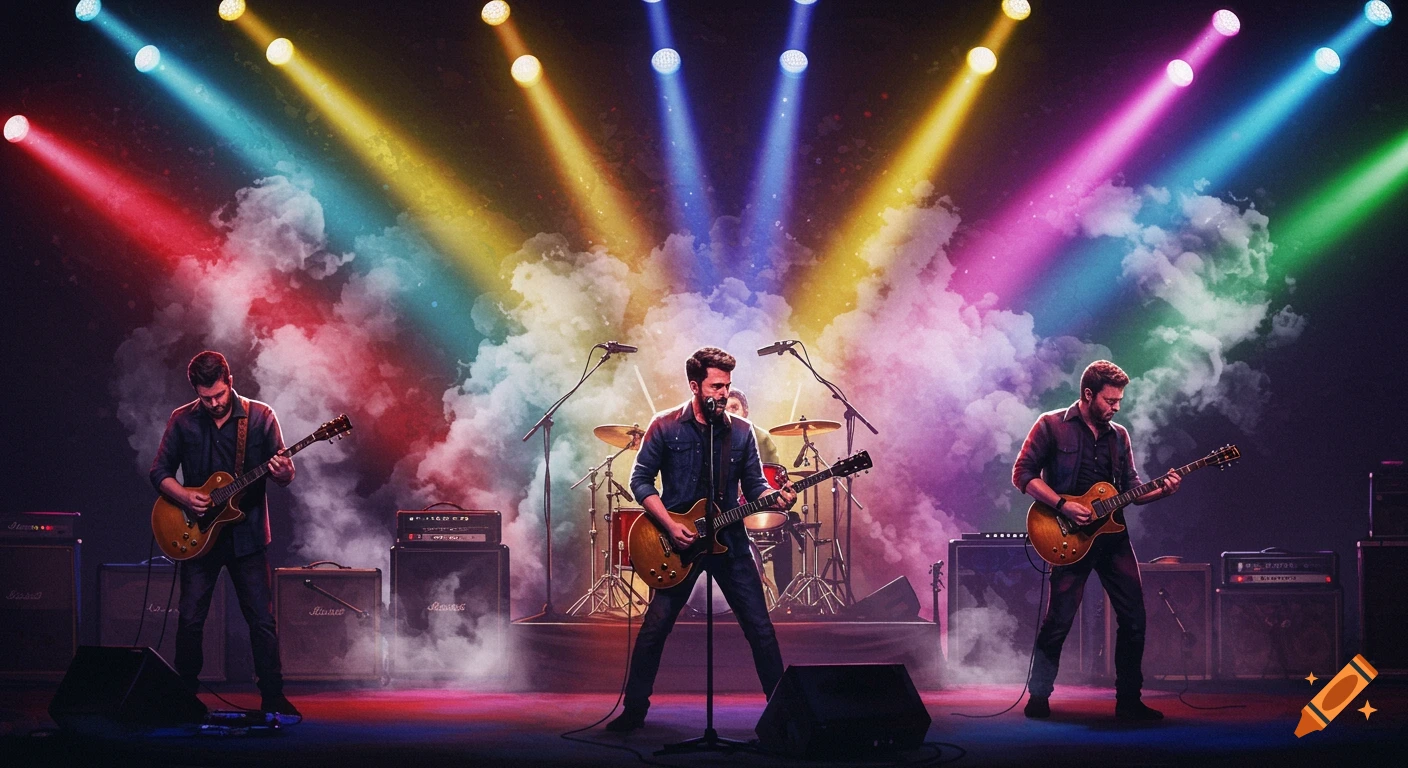 A rock band performs on stage with three guitarists, a drummer, and colorful spotlights illuminating smoke.