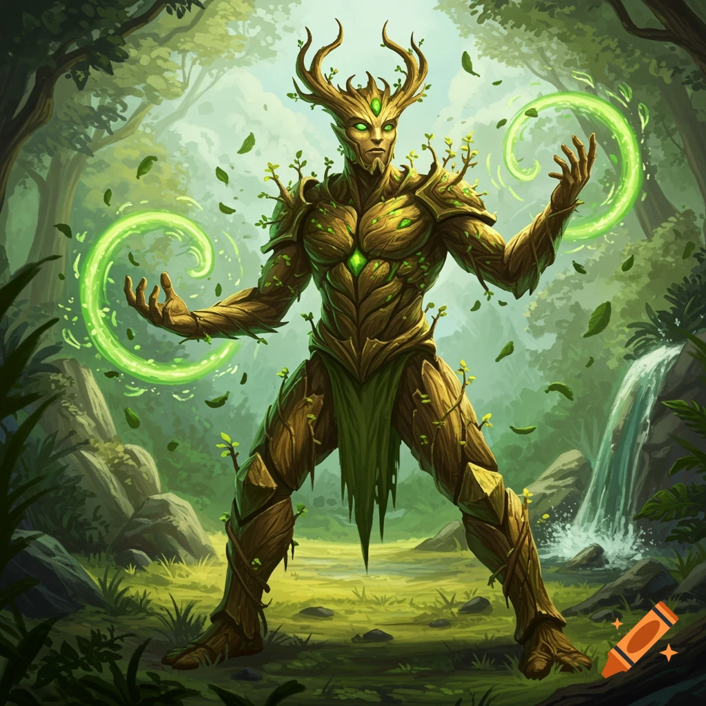 A powerful tree-like humanoid creature with antlers and glowing eyes stands in a lush forest, surrounded by green magic.