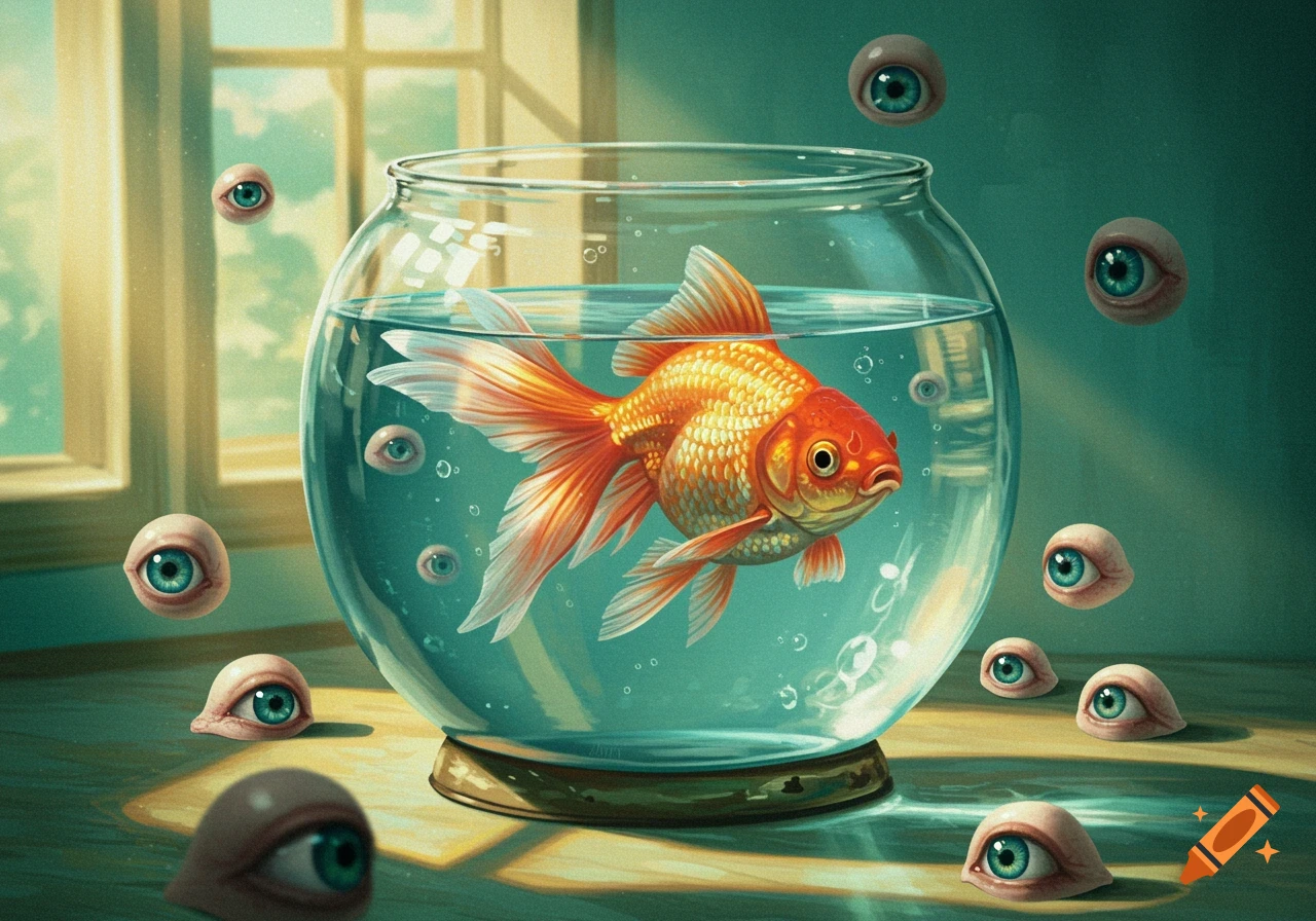 A surreal image of a goldfish in a bowl surrounded by floating and resting eyeballs, with a window in the background.