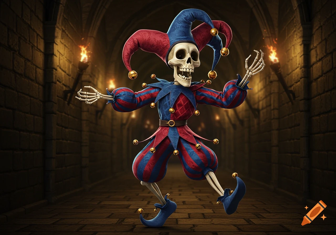 A stylized skeleton in a red and blue medieval jester costume with bells, standing in a stone hallway lit by torches.