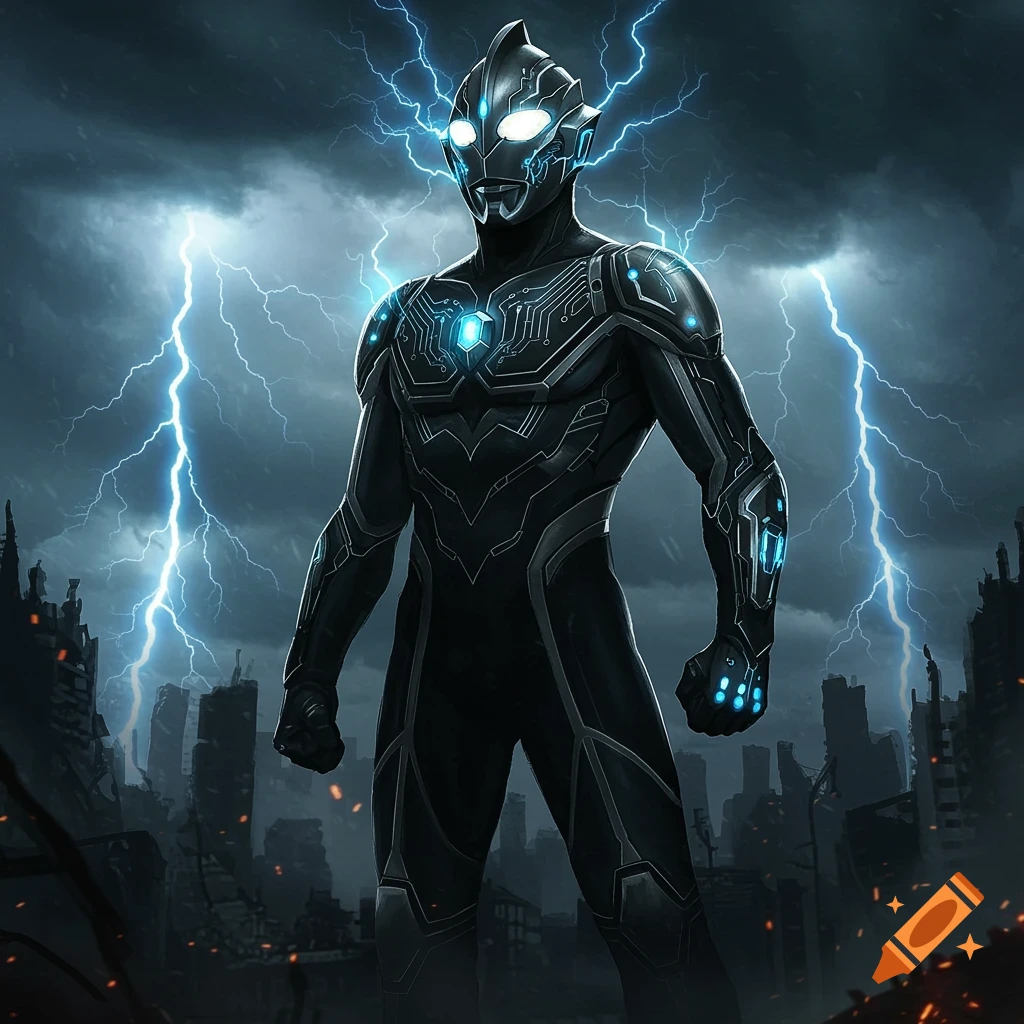 Ultraman in a black suit with glowing blue circuitry and eyes stands in a ruined city under a stormy, lightning-filled sky.