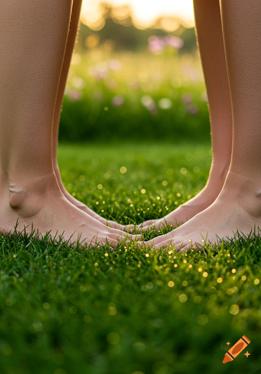Two pairs of bare feet stand on dewy green grass with a blurred golden sunset and flowers in the background, photorealistic.