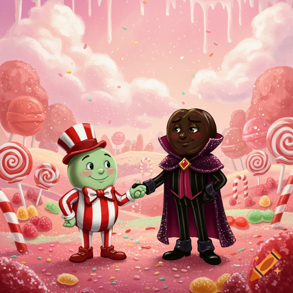 Cartoon characters Mr. Mint and Lord Licorice hold hands in a whimsical candy land with lollipops and sweets.