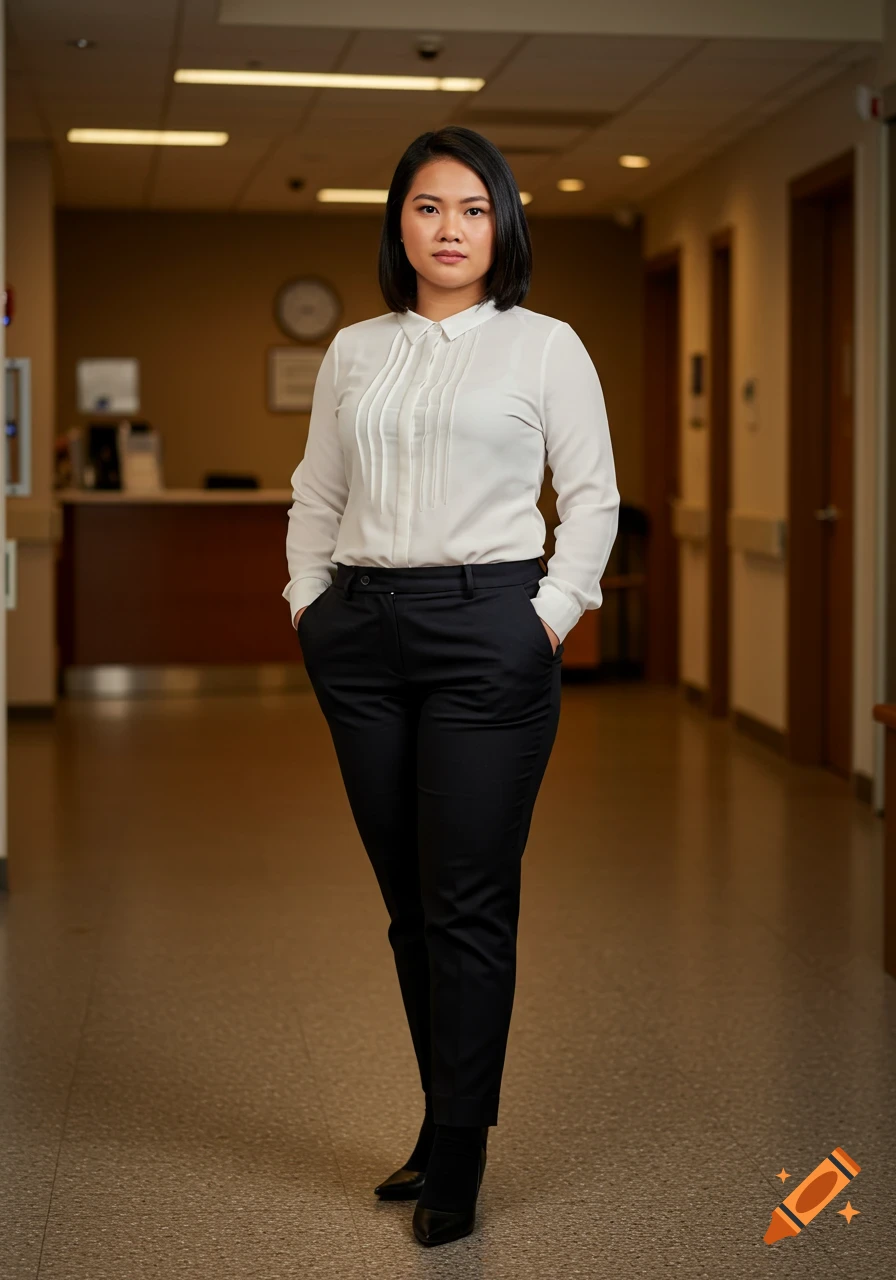 A Filipino woman in a white blouse and black trousers stands in a hospital hallway.