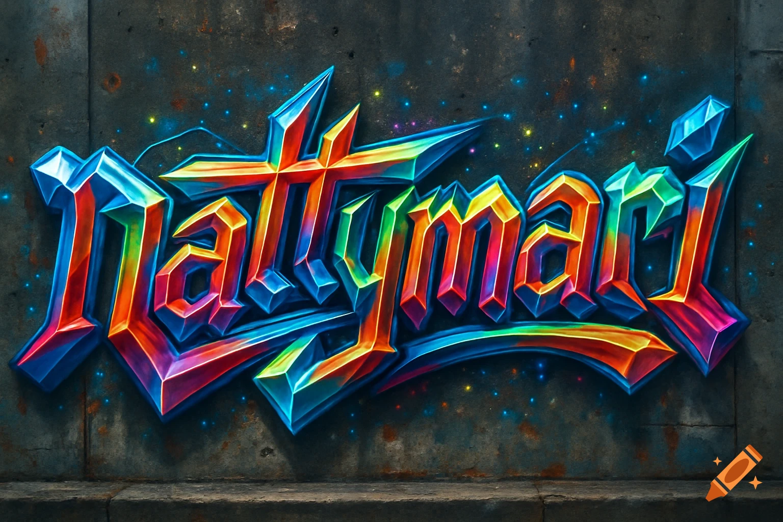Stylized, colorful graffiti art spelling 'Nattymari' on a dark, textured wall with glowing particles.