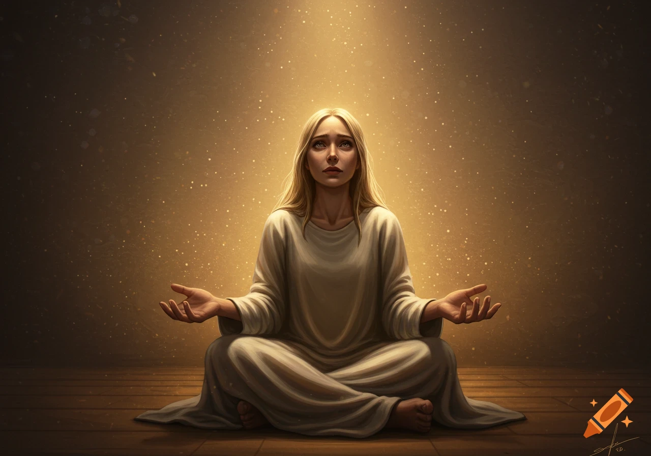 A blonde woman in a white robe sits cross-legged on a wooden floor, looking up at a golden light illuminating her from above.