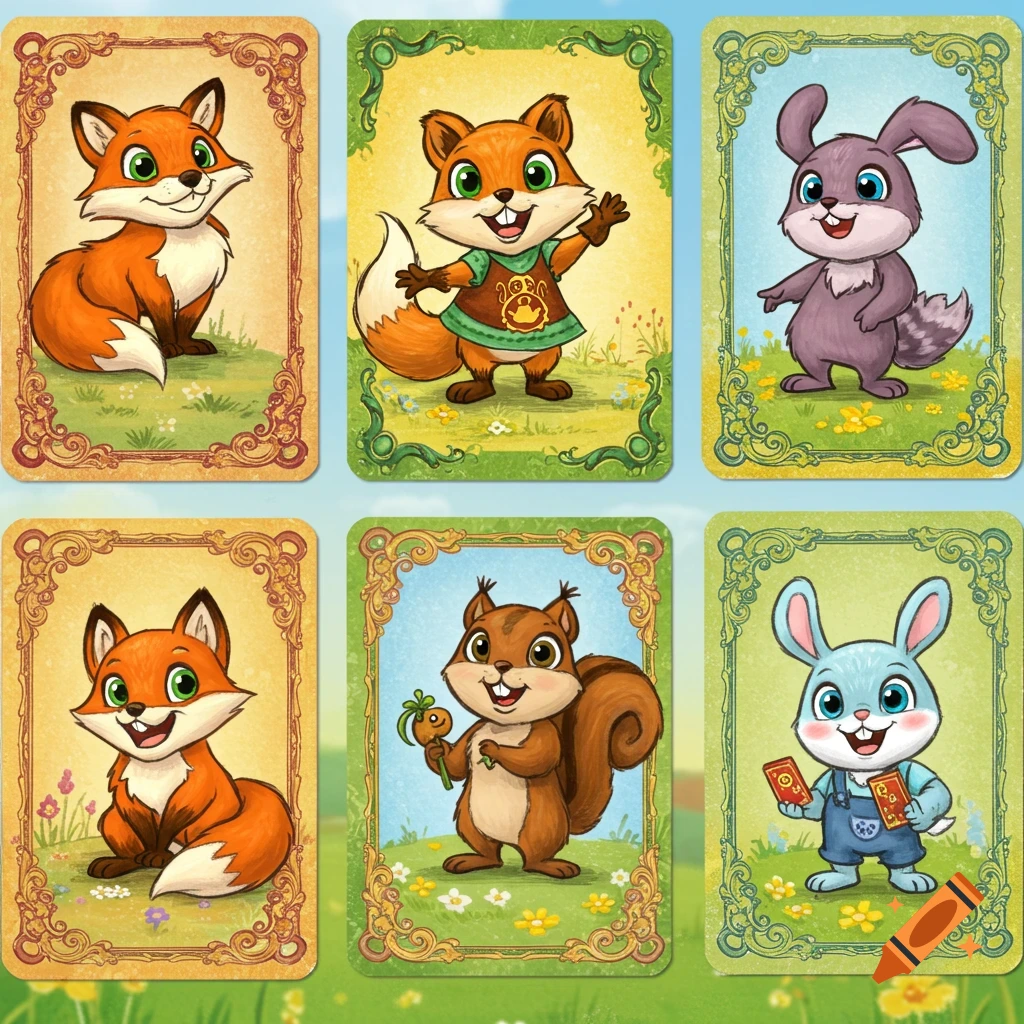 Six cute, cartoon-style animal characters including foxes, a rabbit, and a squirrel, depicted on ornate playing cards.