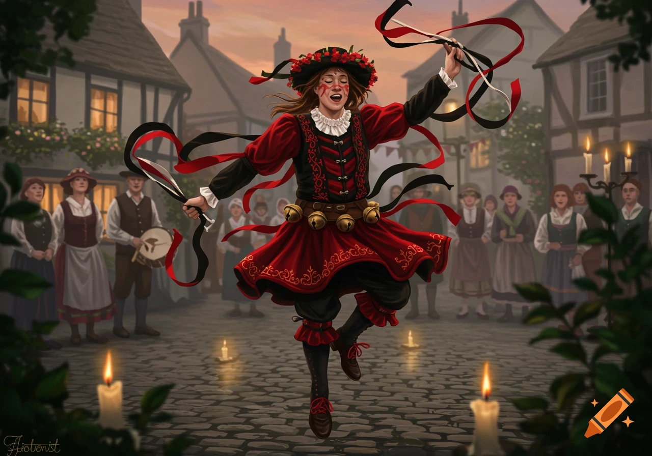 A vibrant morris dancer in red and black, with ribbons and bells, dancing on a cobblestone street in a village at dusk.