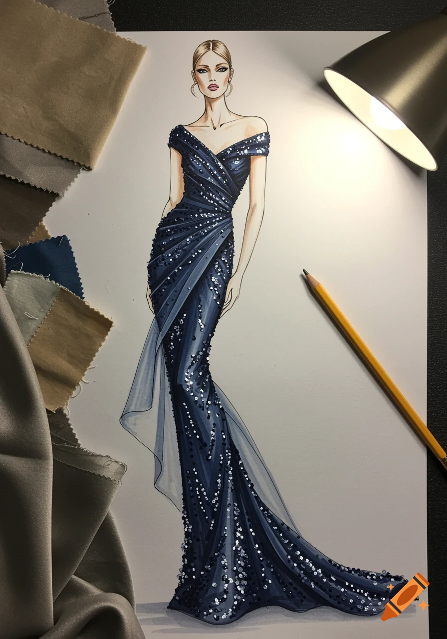 A fashion illustration of a woman in a shimmering navy blue off-shoulder gown, surrounded by fabric swatches, a pencil, and a lamp.