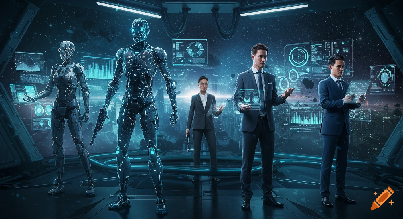 Photorealistic image of two sleek robots and three human professionals in suits standing in a futuristic space command hub with holographic interfaces and a galactic view.
