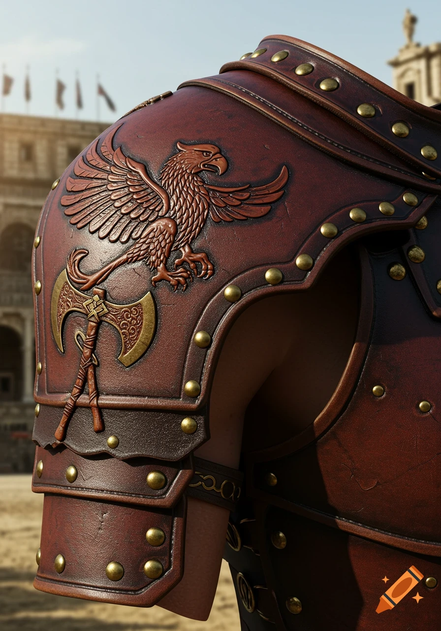 Close-up of brown leather gladiator shoulder armor with a detailed bronze griffin and axe design, set against a blurred arena background.