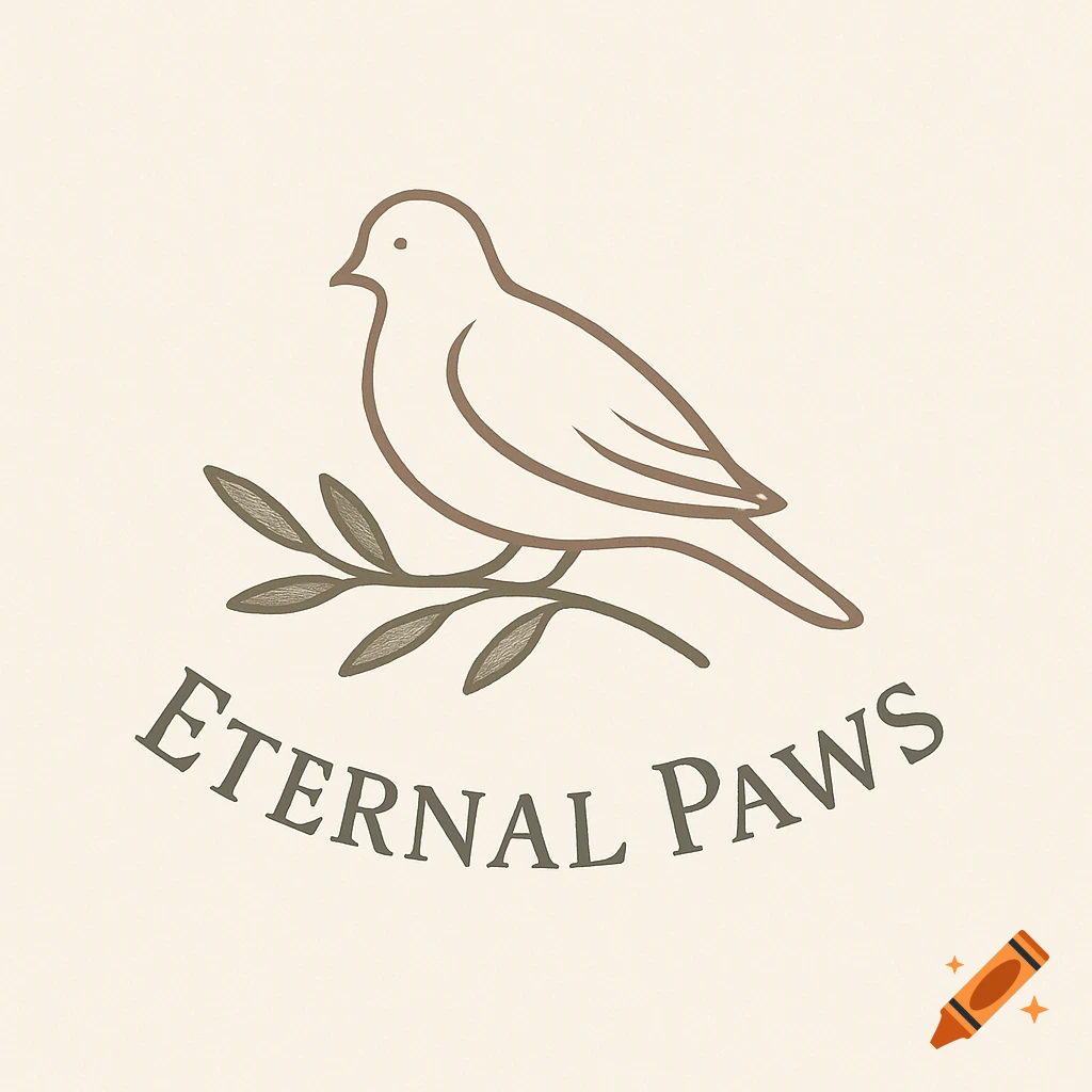 Minimalist brown line art logo of a bird on a branch above the text 'Eternal Paws' on a light beige background.