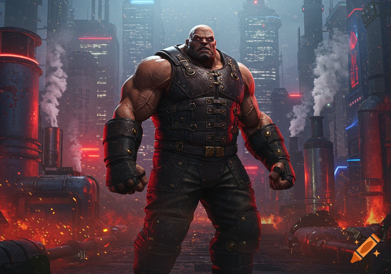 A bald, muscular man in dark leather armor stands in a futuristic, industrial city with red glowing lights and smoke.