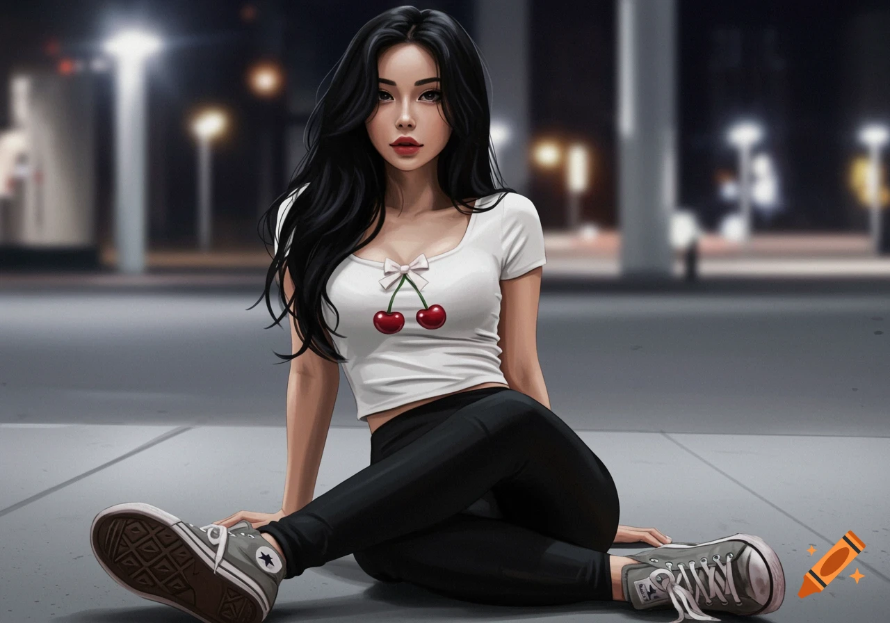 Digital art illustration of a woman with black hair wearing a white cherry top, black leggings, and Converse shoes, sitting on a street at night.