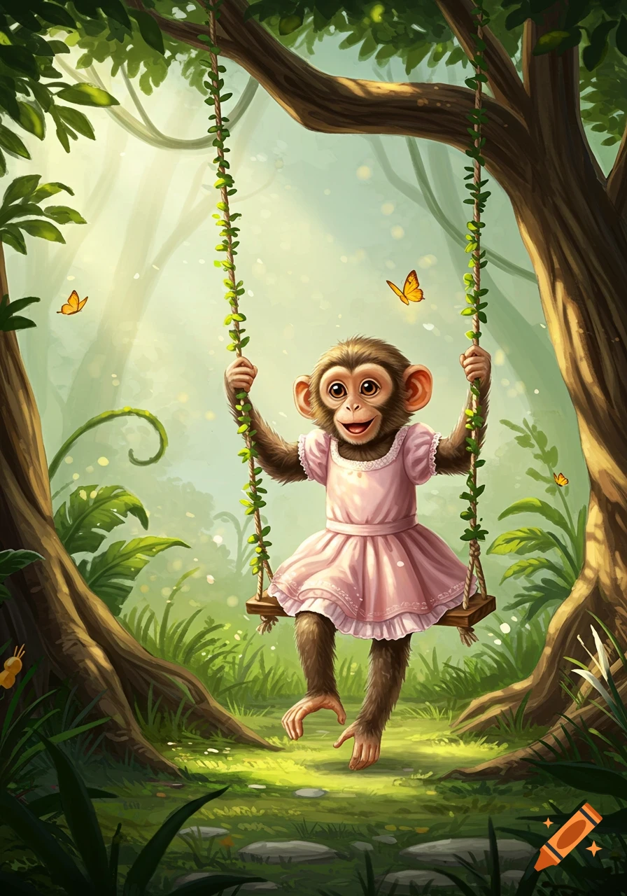 A cute cartoon monkey in a pink dress smiles while swinging on a vine in a vibrant green jungle.