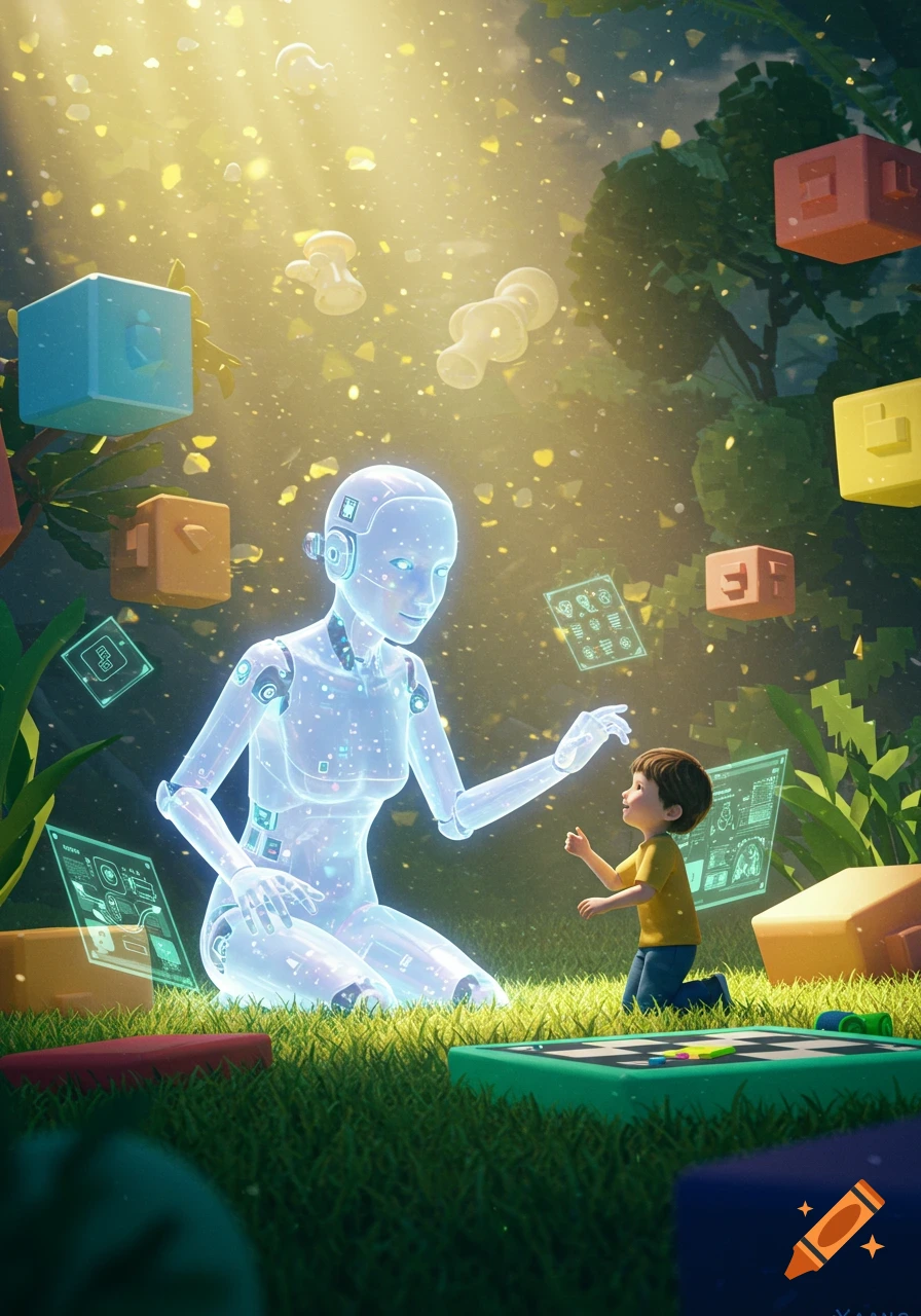 A translucent, glowing robot kneels in a sunlit grassy field, interacting with a small child also kneeling. Floating blocks and holographic screens with data are around them.